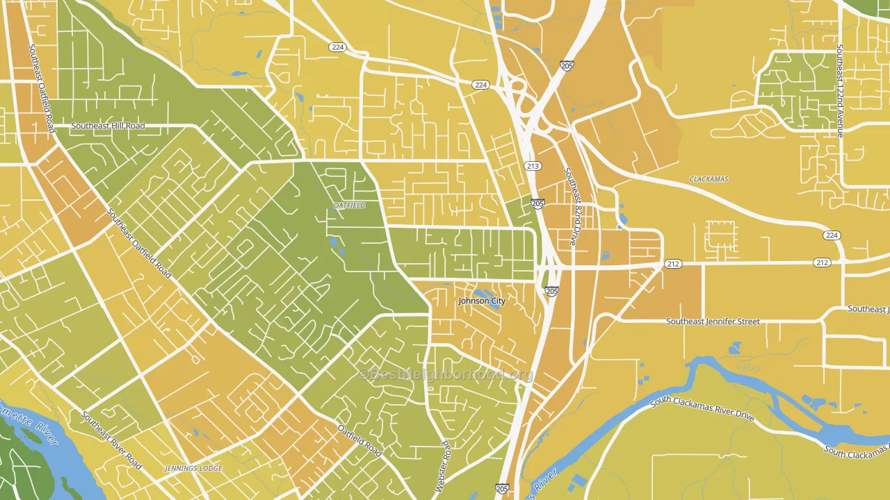Map of the best neighborhoods in the North Clackamas, Oatfield area, with better matches in green and worse matches in red
