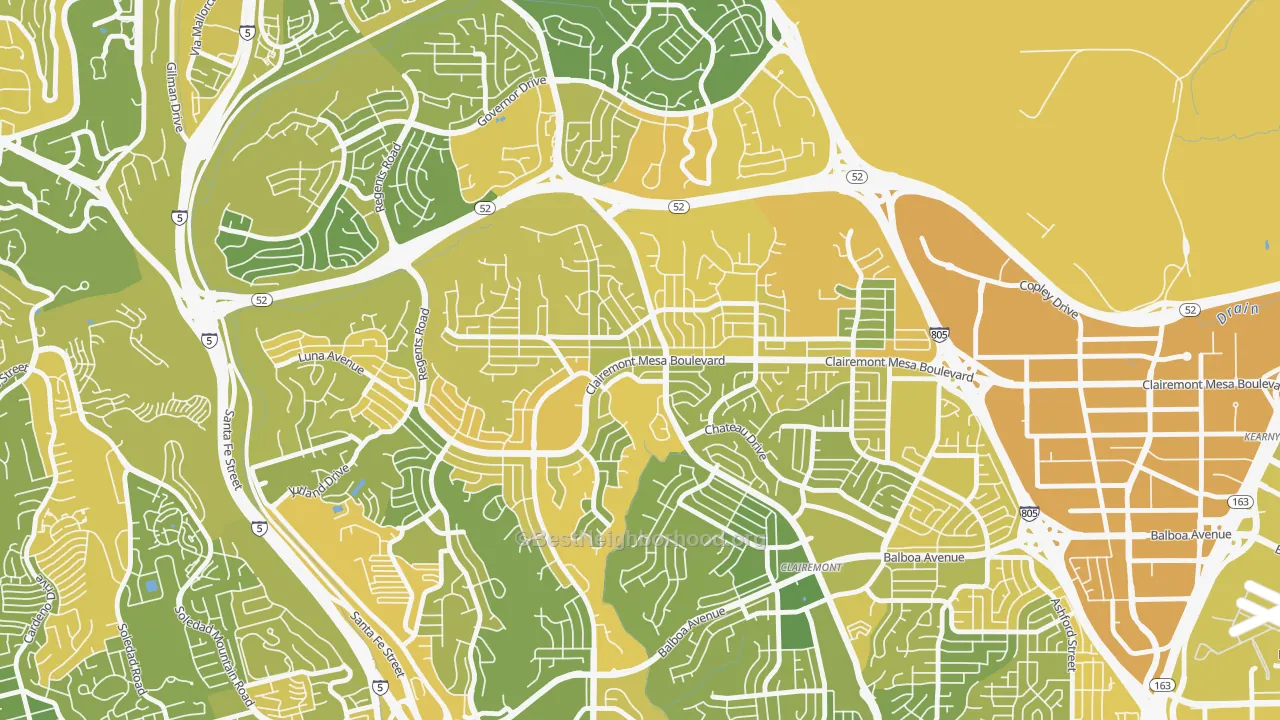 Map of the best neighborhoods in the North Clairemont, San Diego area, with better matches in green and worse matches in red