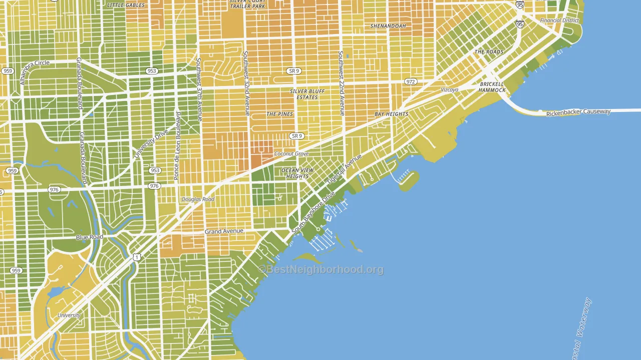 Map of the best neighborhoods in the North Coconut Grove, Miami area, with better matches in green and worse matches in red