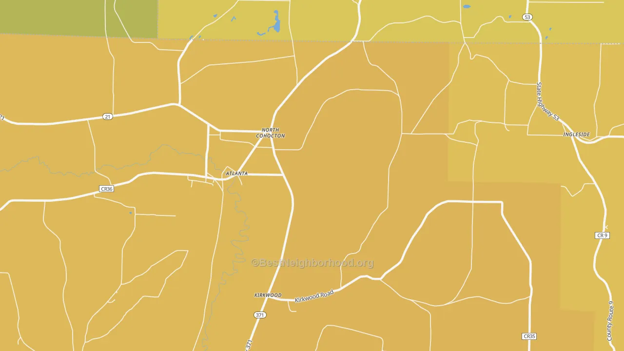 Map of the best neighborhoods in the North Cohocton area, with better matches in green and worse matches in red