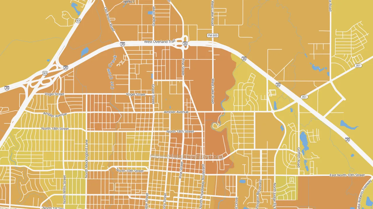 Map of the best neighborhoods in the North College, Abilene area, with better matches in green and worse matches in red