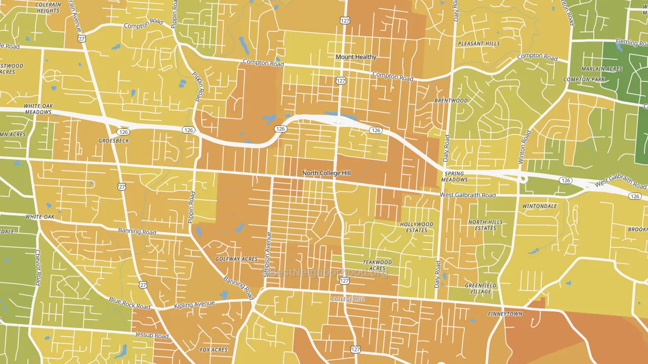 Map of the best neighborhoods in the North College Hill area, with better matches in green and worse matches in red
