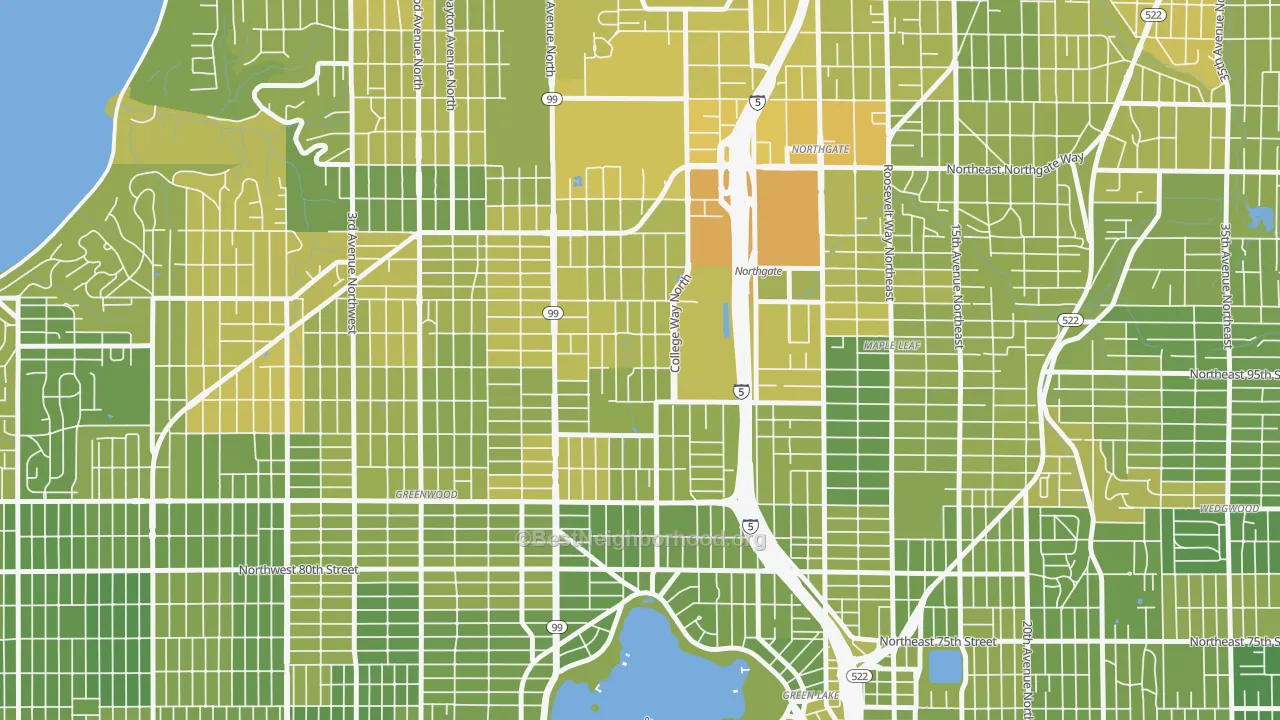 Map of the best neighborhoods in the North College Park, Seattle area, with better matches in green and worse matches in red