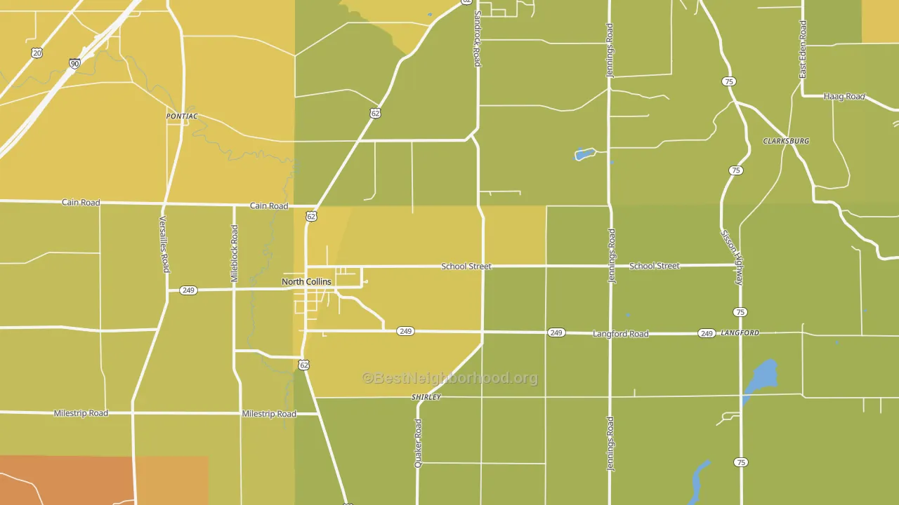 Map of the best neighborhoods in the North Collins area, with better matches in green and worse matches in red