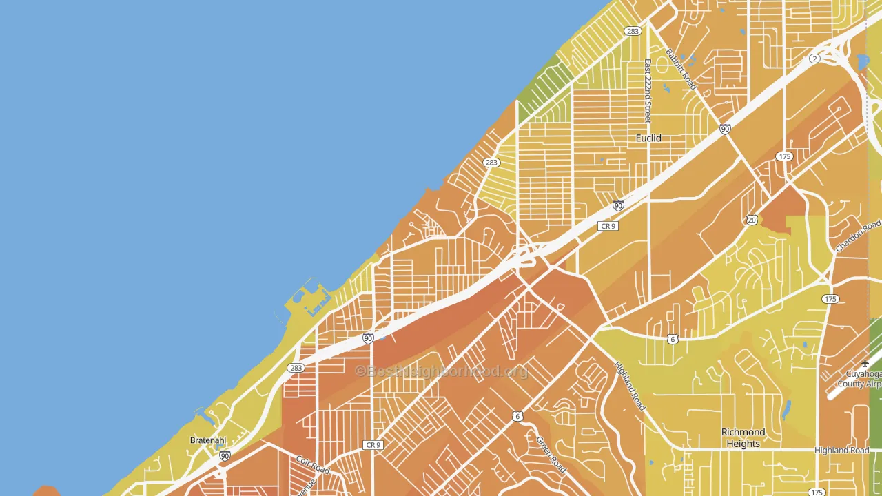 Map of the best neighborhoods in the North Collinwood, Cleveland area, with better matches in green and worse matches in red