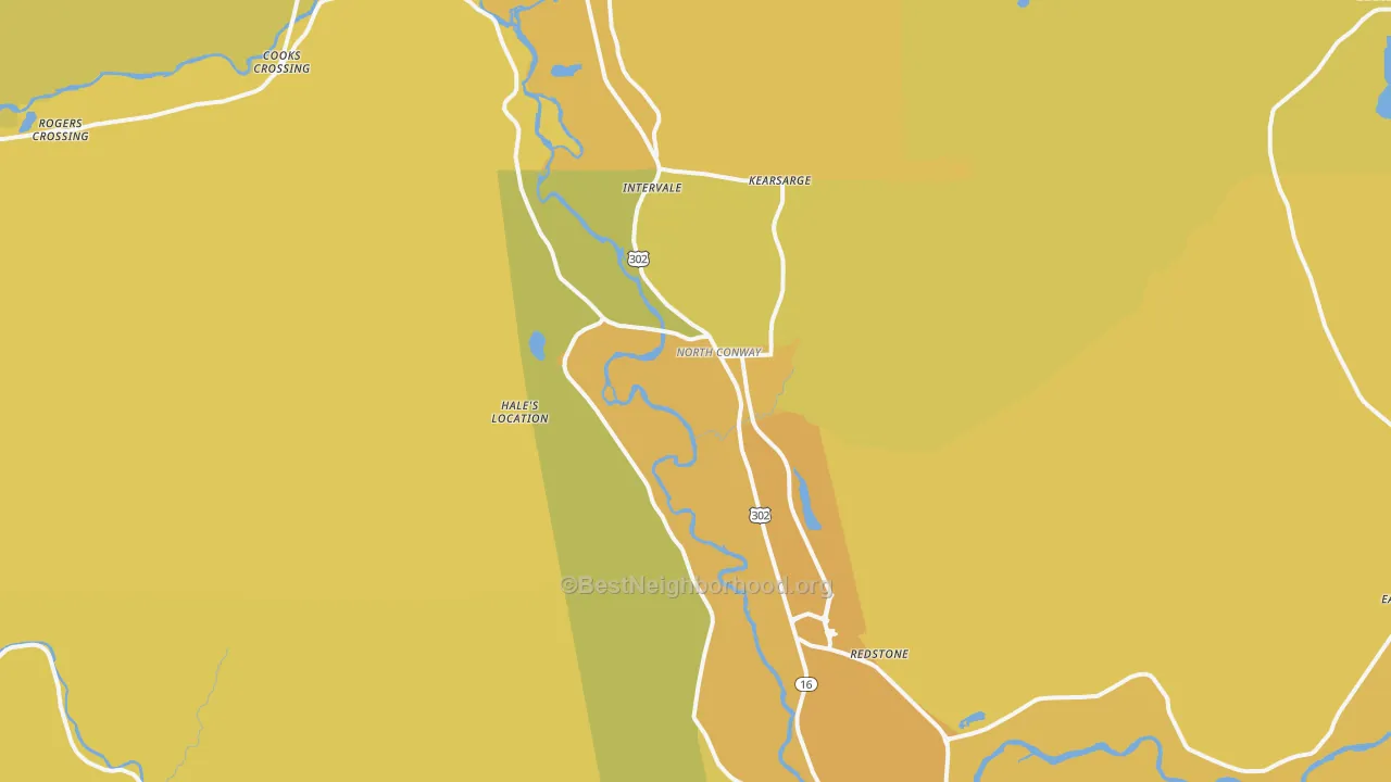 Map of the best neighborhoods in the North Conway area, with better matches in green and worse matches in red