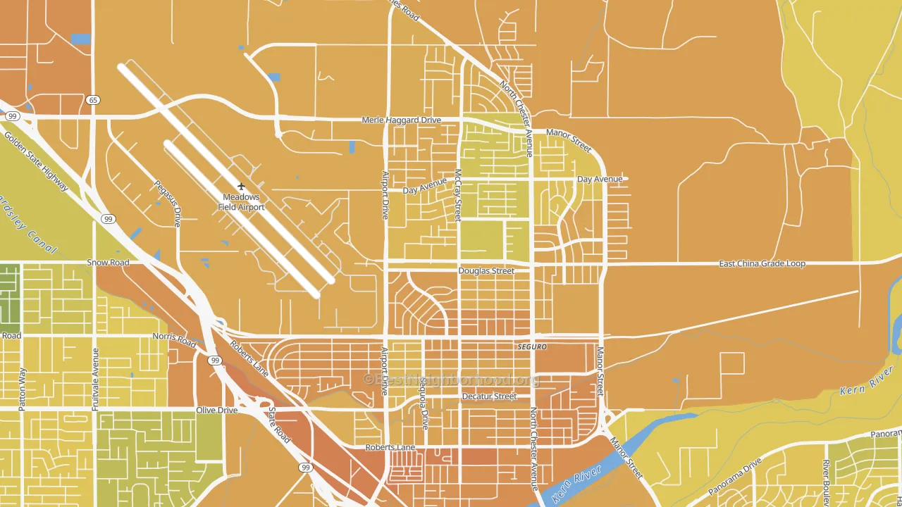 Map of the best neighborhoods in the North Country Meadows, Oildale area, with better matches in green and worse matches in red