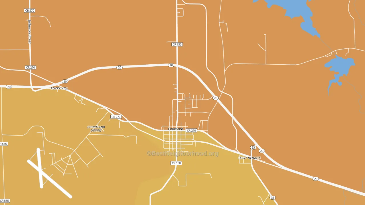 Map of the best neighborhoods in the North Courtland area, with better matches in green and worse matches in red