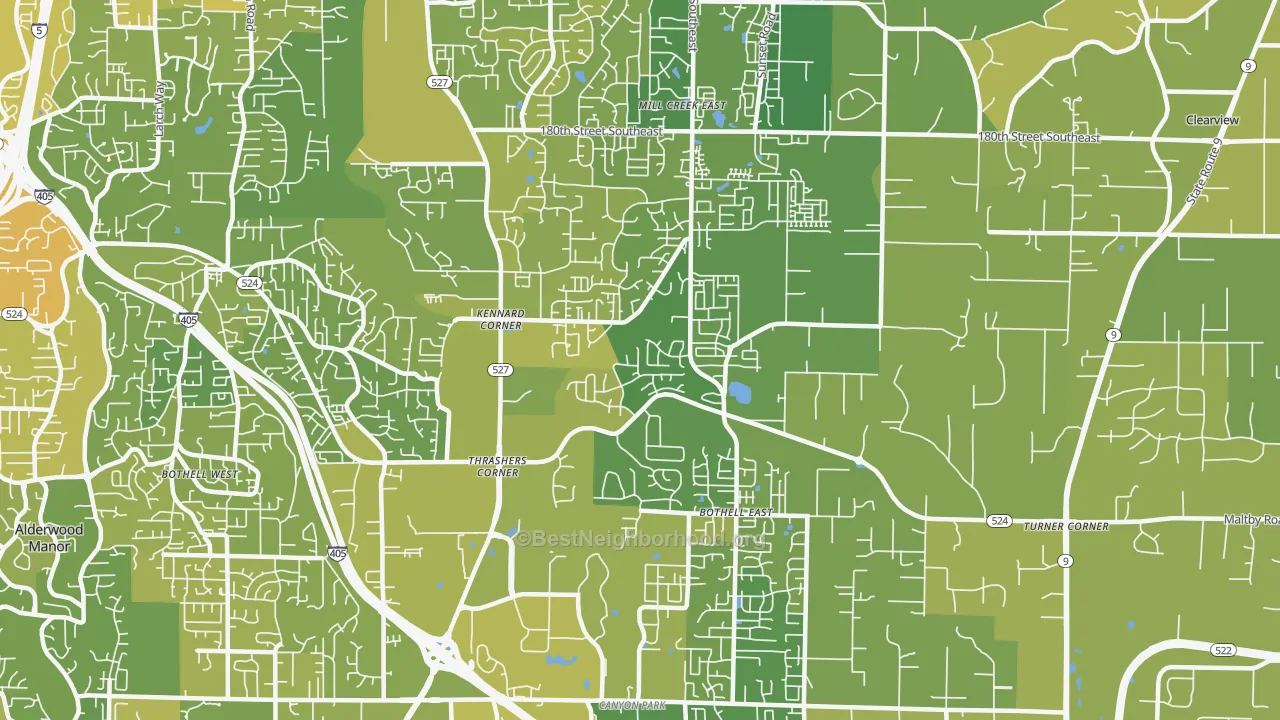 Map of the best neighborhoods in the North Creek, Bothell area, with better matches in green and worse matches in red