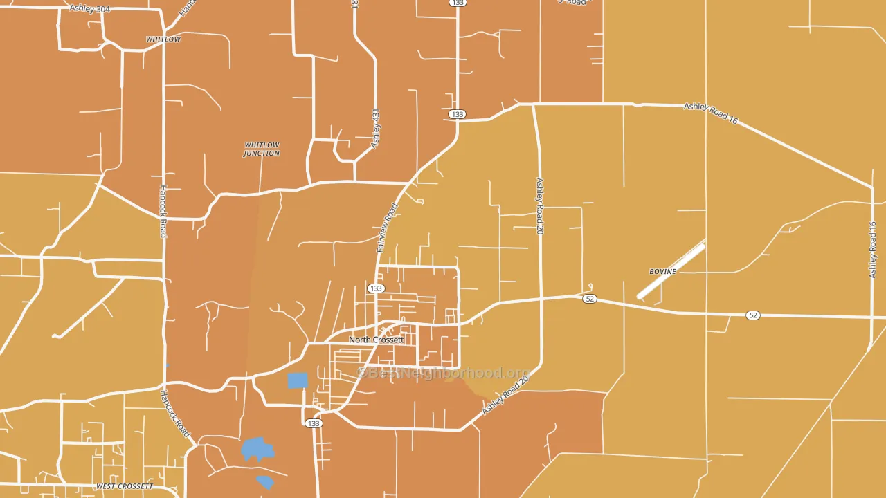Map of the best neighborhoods in the North Crossett area, with better matches in green and worse matches in red