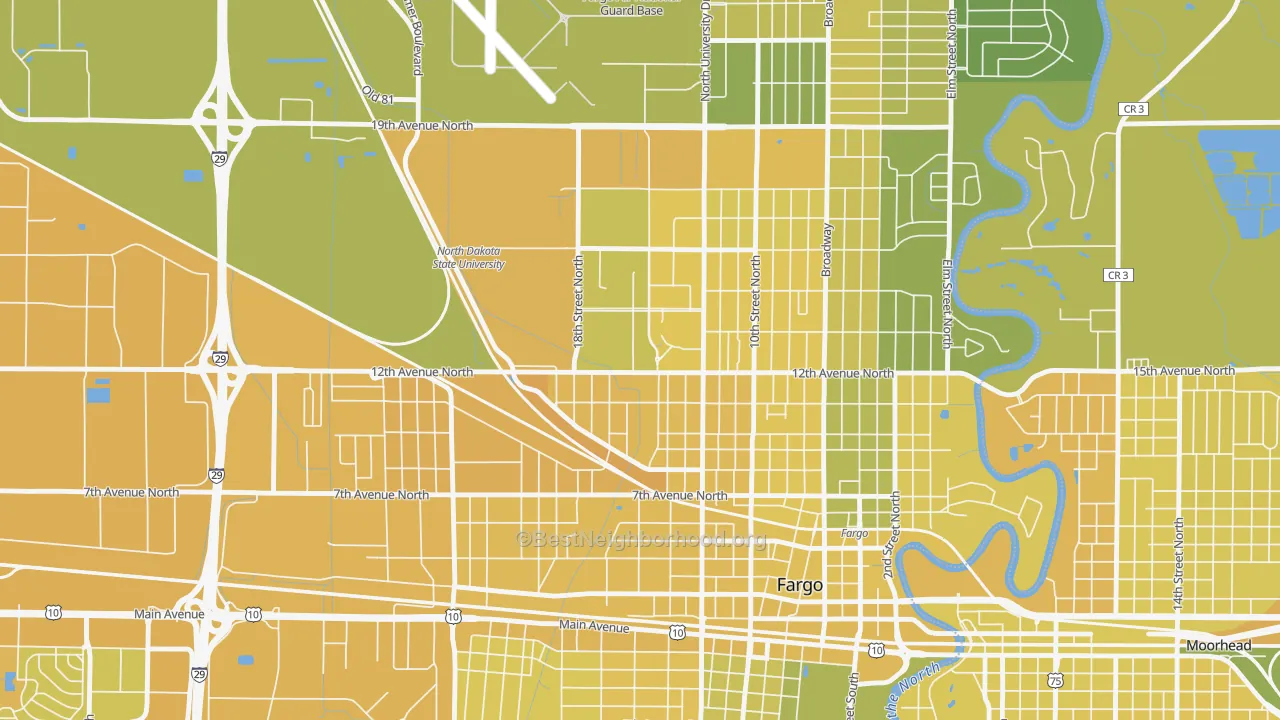 Map of the best neighborhoods in the North Dakota State University, Fargo area, with better matches in green and worse matches in red