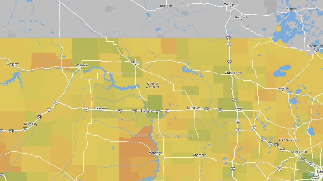 Map of the best neighborhoods in the North Dakota area, with better matches in green and worse matches in red