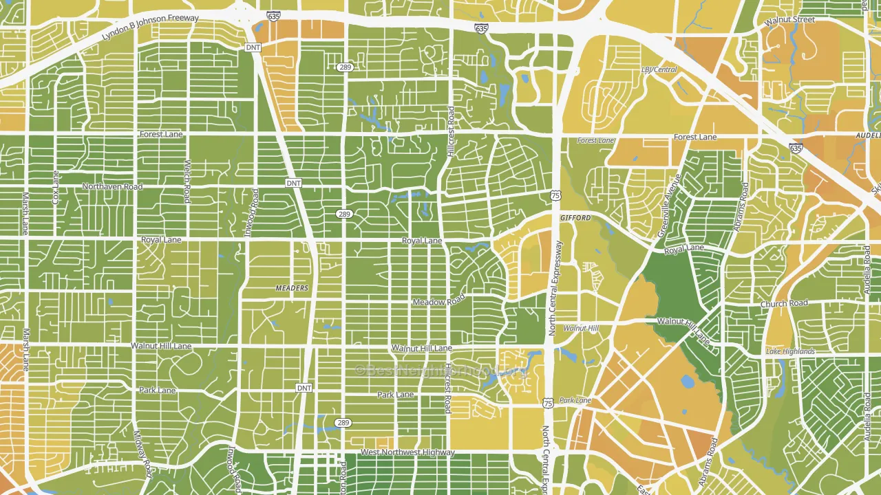Map of the best neighborhoods in the North Dallas, Dallas area, with better matches in green and worse matches in red