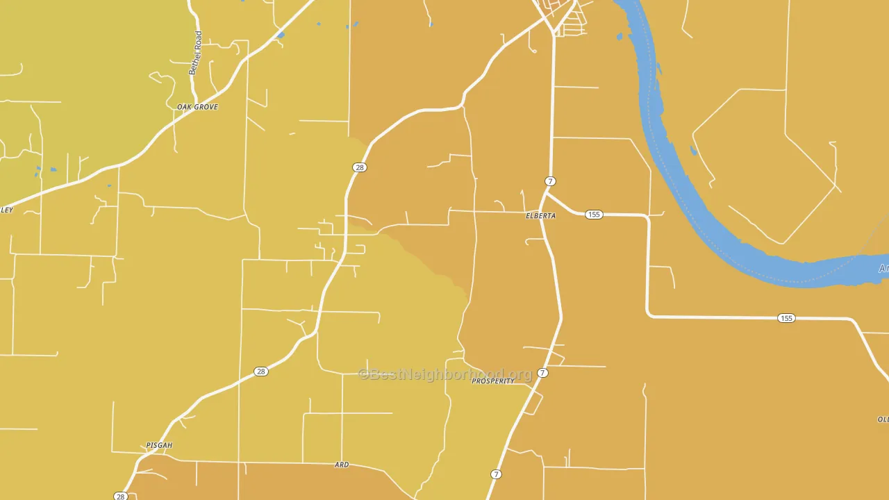 Map of the best neighborhoods in the North Dardanelle area, with better matches in green and worse matches in red
