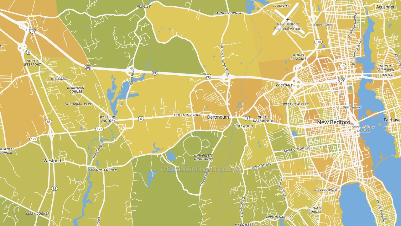 Map of the best neighborhoods in the North Dartmouth area, with better matches in green and worse matches in red