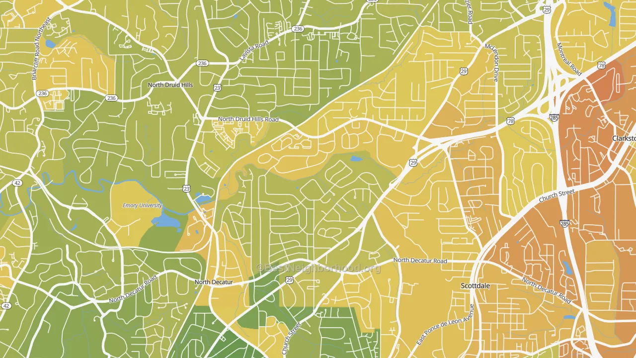 Map of the best neighborhoods in the North Decatur area, with better matches in green and worse matches in red