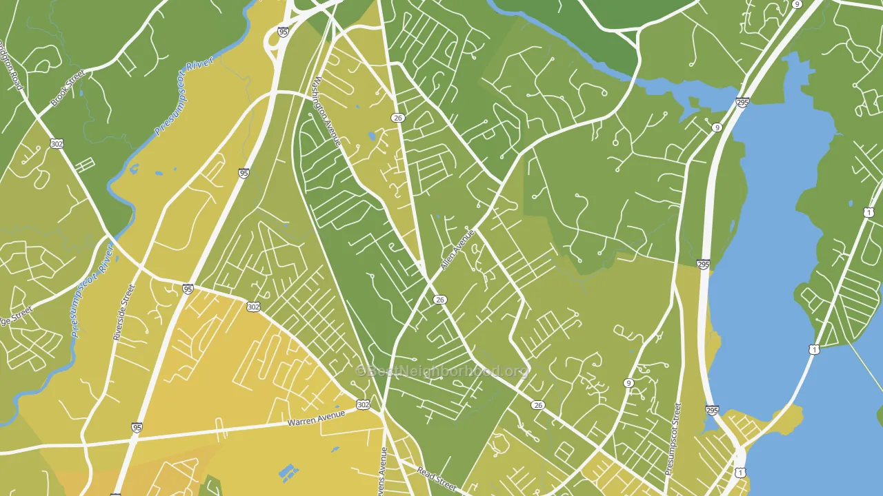 Map of the best neighborhoods in the North Deering, Portland area, with better matches in green and worse matches in red