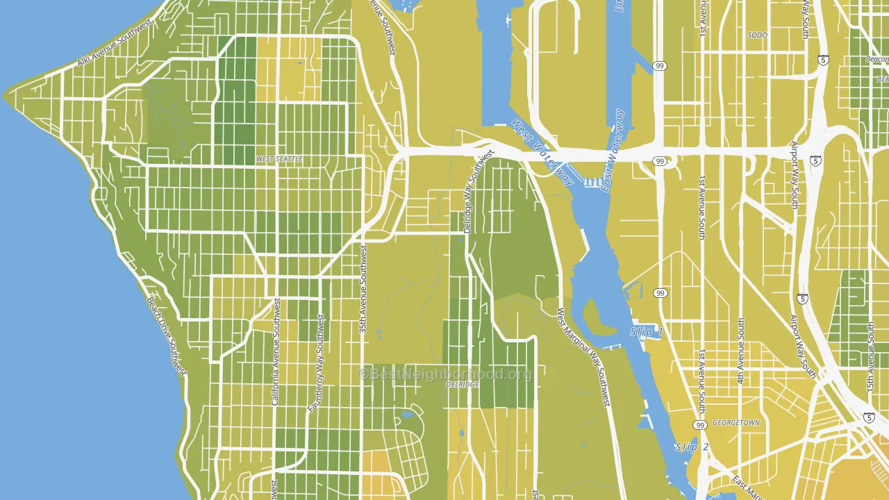Map of the best neighborhoods in the North Delridge, Seattle area, with better matches in green and worse matches in red