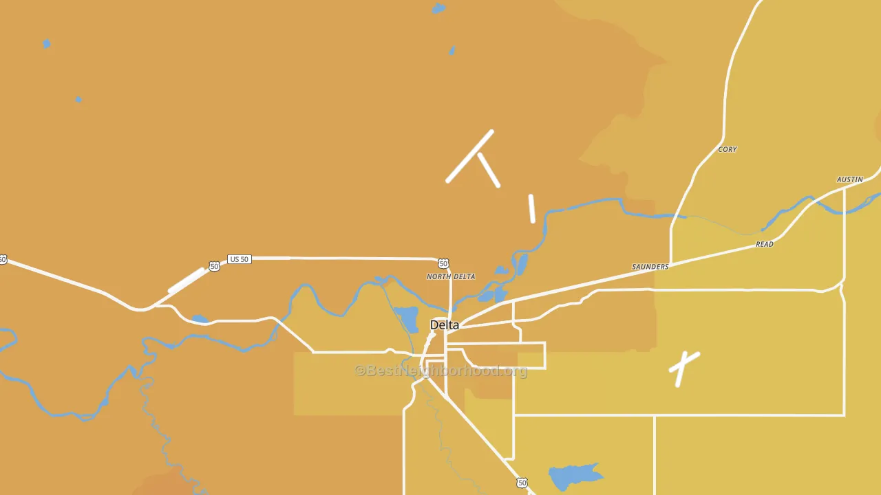 Map of the best neighborhoods in the North Delta area, with better matches in green and worse matches in red