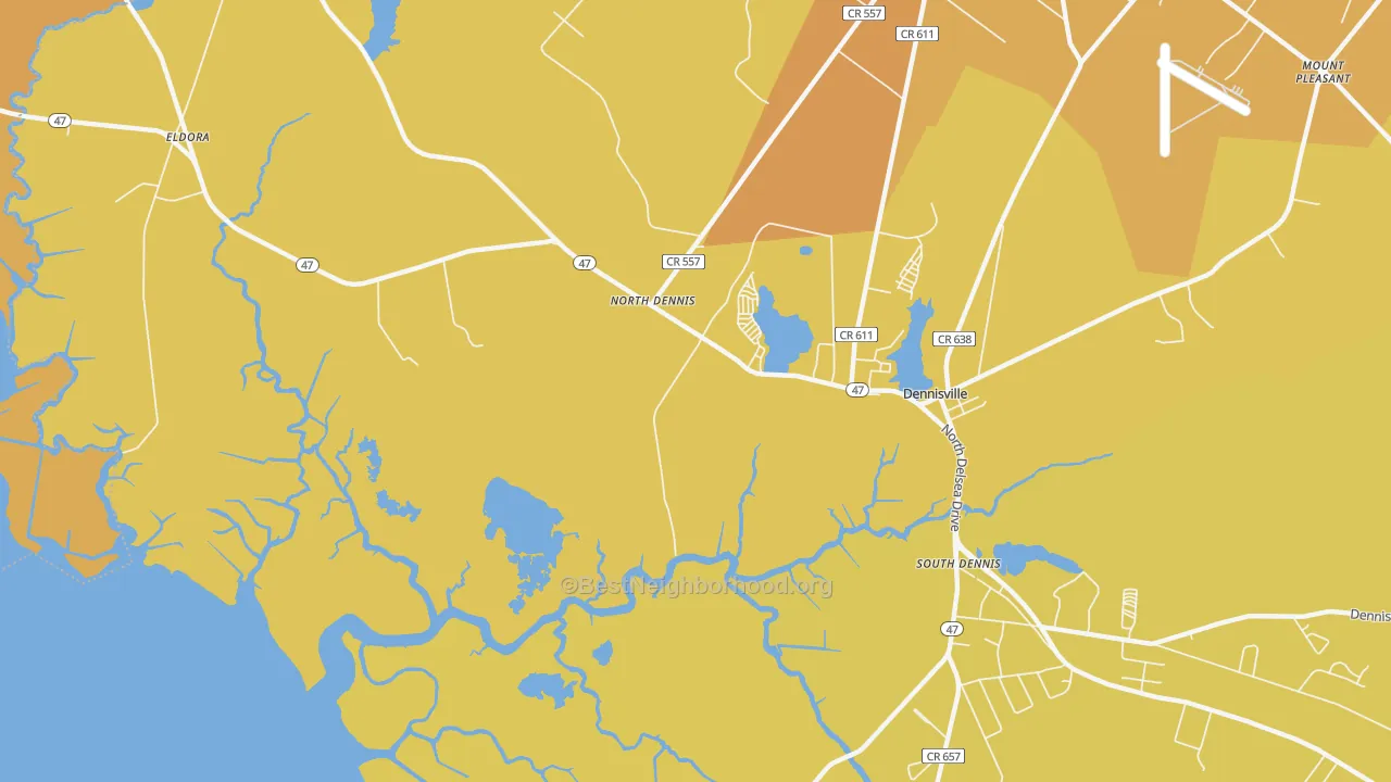 Map of the best neighborhoods in the North Dennis area, with better matches in green and worse matches in red