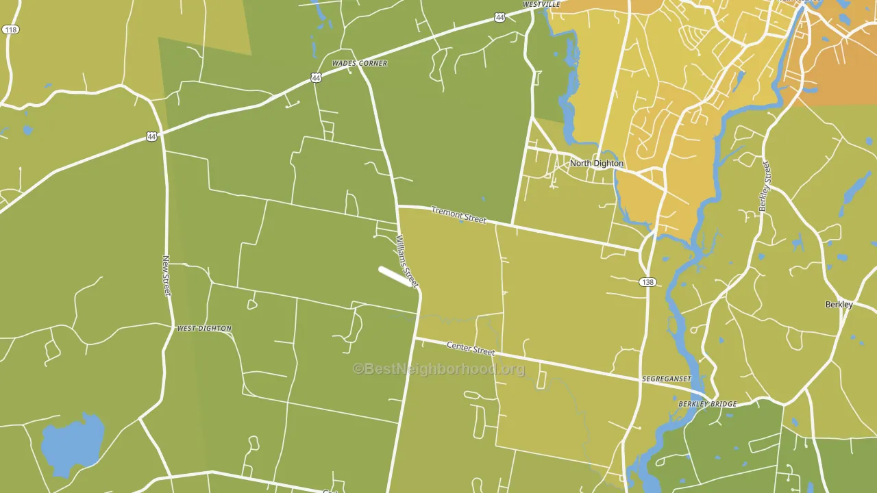Map of the best neighborhoods in the North Dighton area, with better matches in green and worse matches in red