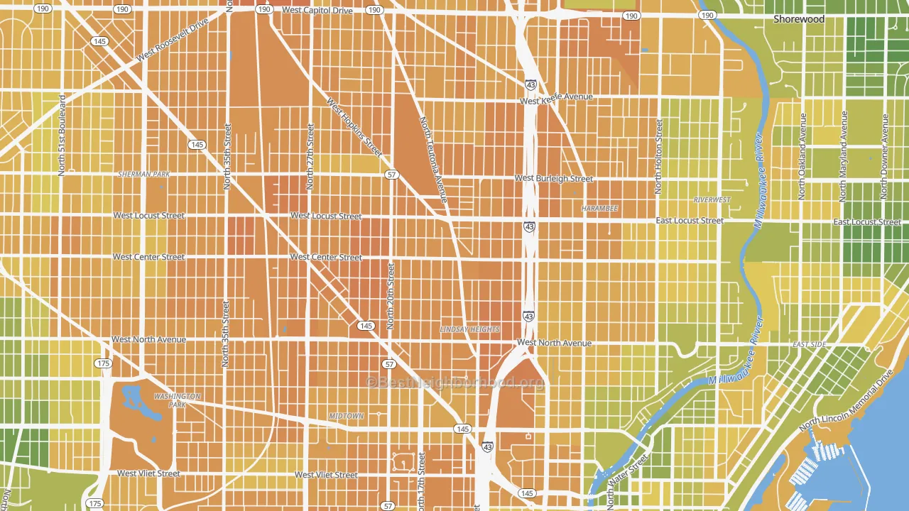 Map of the best neighborhoods in the North Division, Milwaukee area, with better matches in green and worse matches in red
