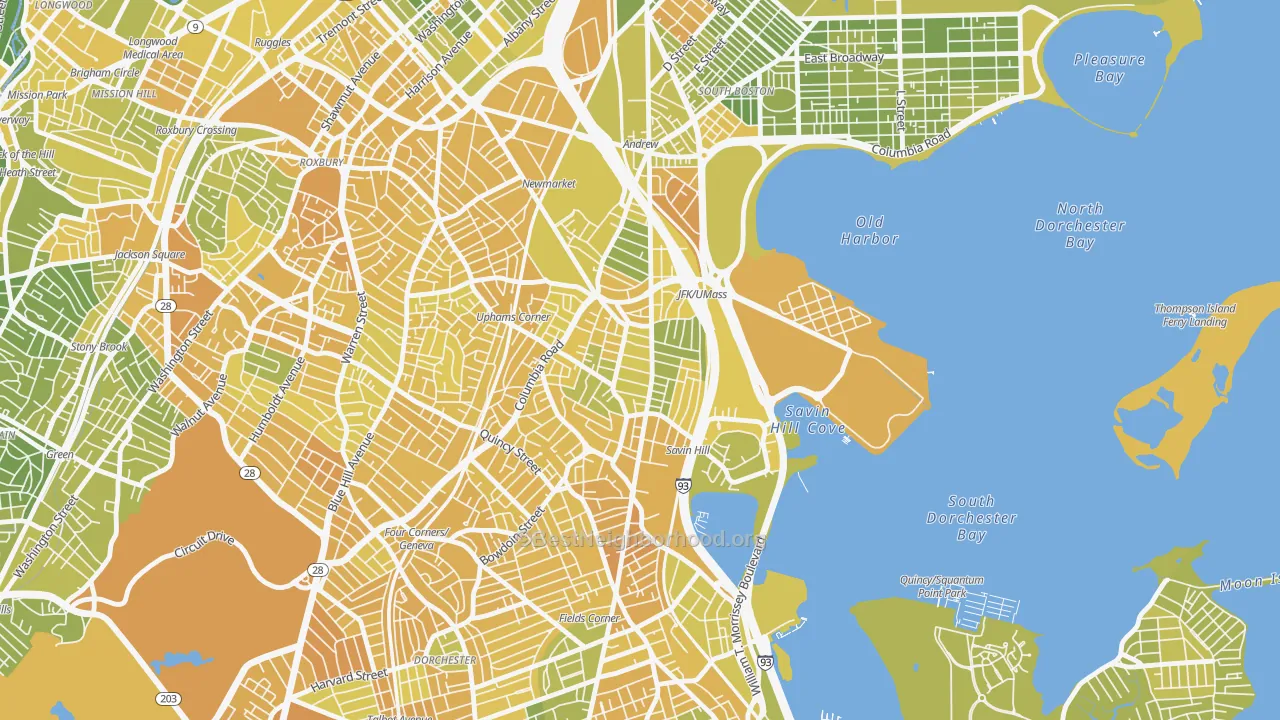 Map of the best neighborhoods in the North Dorchester, Boston area, with better matches in green and worse matches in red