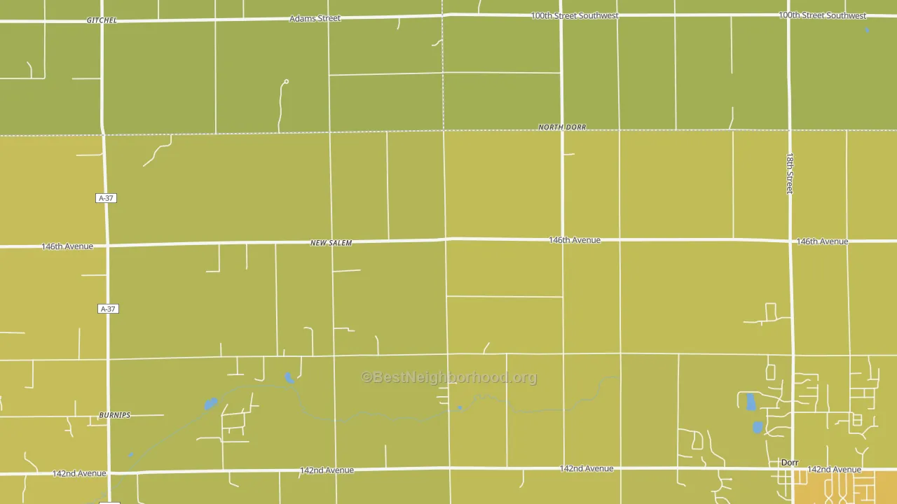 Map of the best neighborhoods in the North Dorr area, with better matches in green and worse matches in red