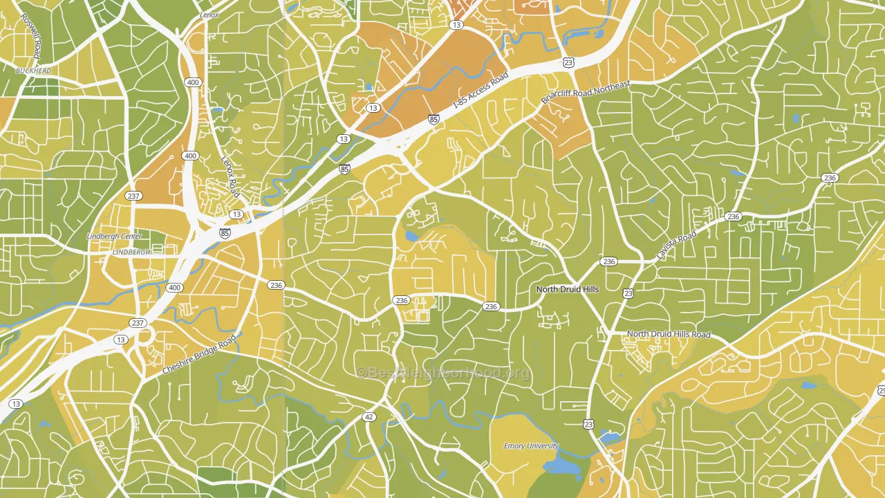 Map of the best neighborhoods in the North Druid Hills area, with better matches in green and worse matches in red