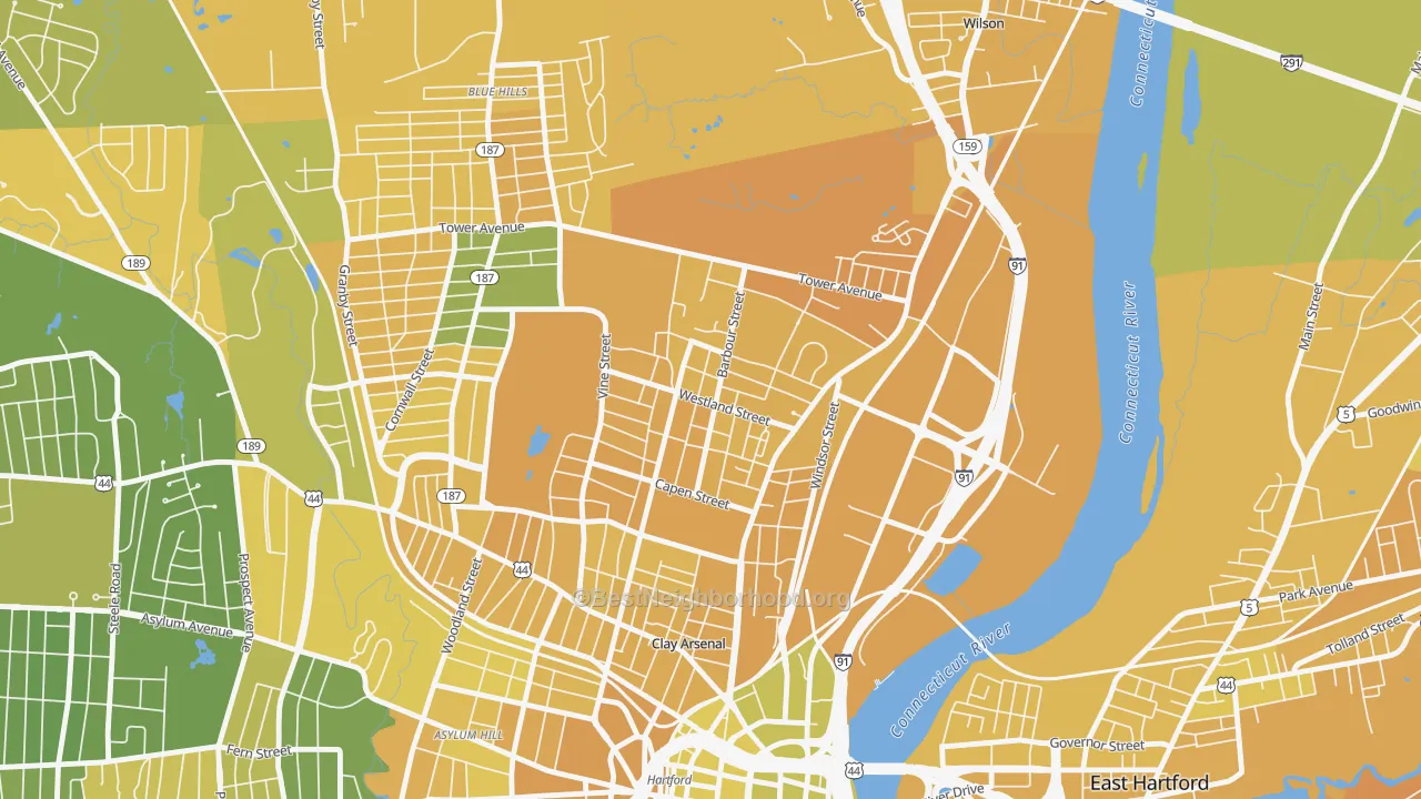 Map of the best neighborhoods in the North East, Hartford area, with better matches in green and worse matches in red