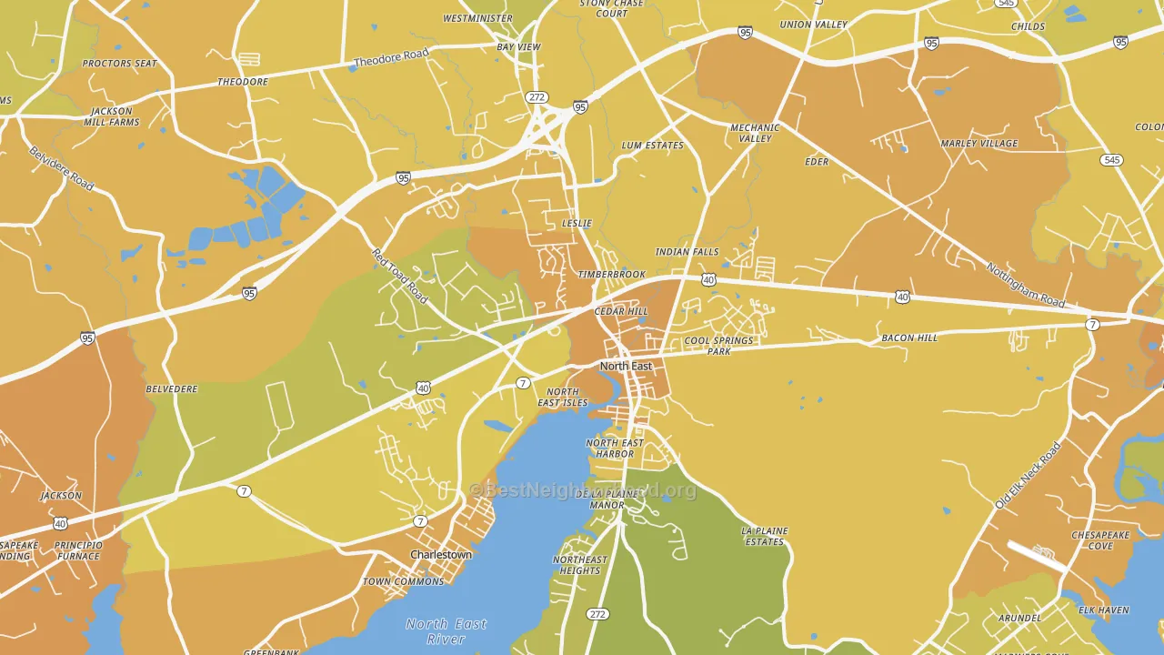 Map of the best neighborhoods in the North East area, with better matches in green and worse matches in red