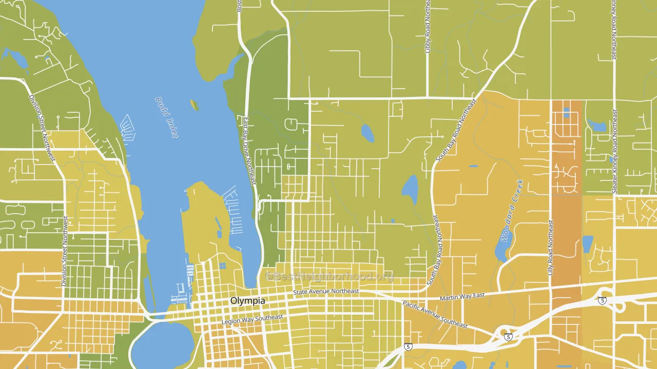 Map of the best neighborhoods in the North East, Olympia area, with better matches in green and worse matches in red