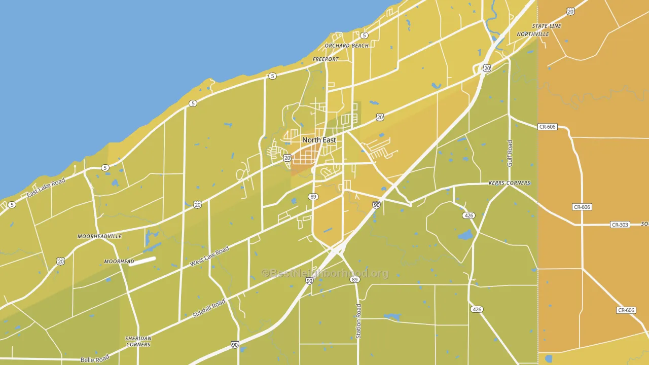 Map of the best neighborhoods in the North East area, with better matches in green and worse matches in red