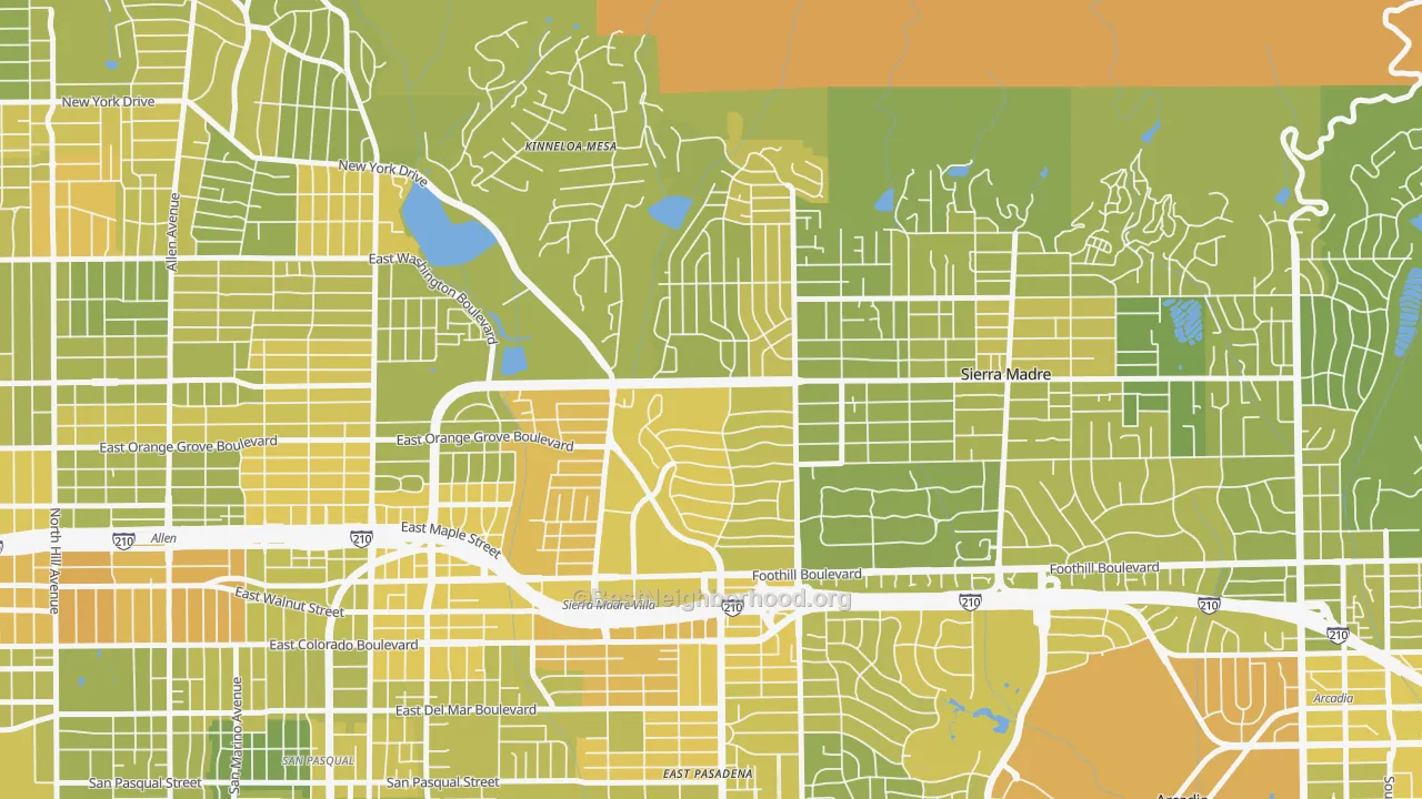 Map of the best neighborhoods in the North East, Pasadena area, with better matches in green and worse matches in red