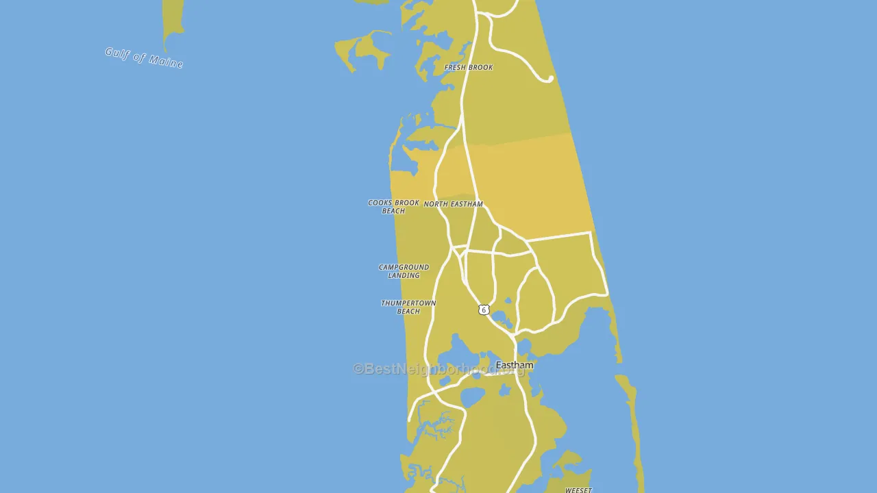 Map of the best neighborhoods in the North Eastham area, with better matches in green and worse matches in red