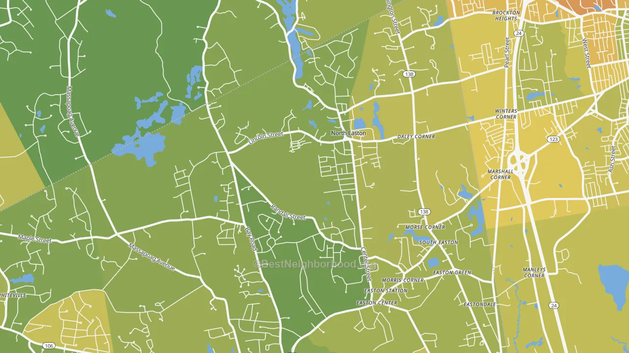 Map of the best neighborhoods in the North Easton area, with better matches in green and worse matches in red