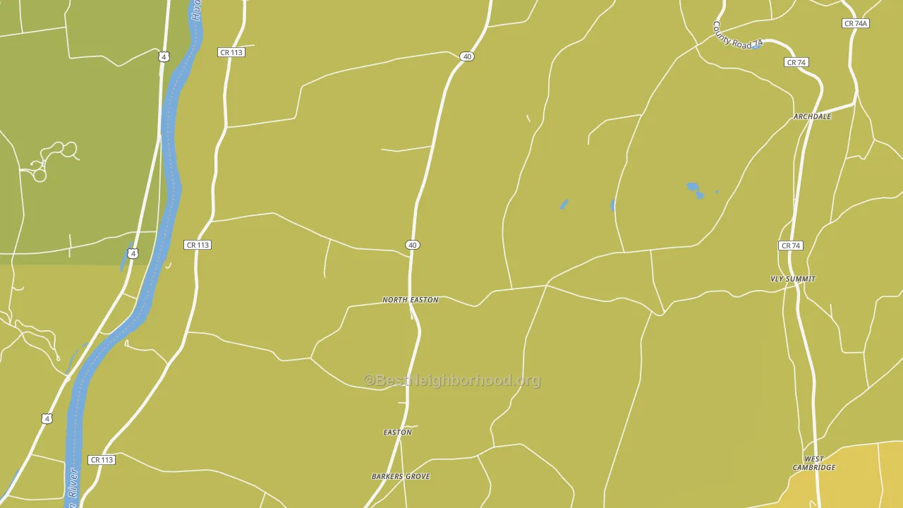 Map of the best neighborhoods in the North Easton area, with better matches in green and worse matches in red