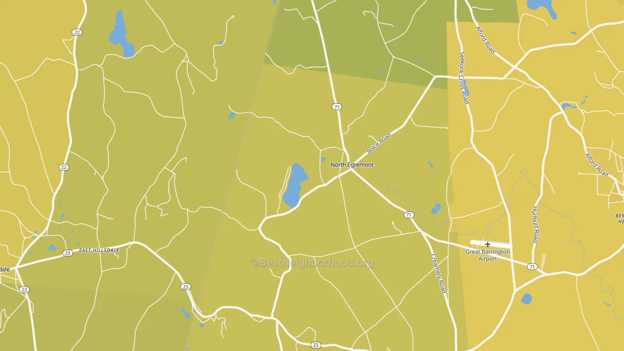 Map of the best neighborhoods in the North Egremont area, with better matches in green and worse matches in red