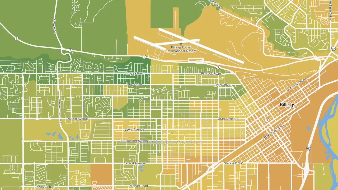 Map of the best neighborhoods in the North Elevation, Billings area, with better matches in green and worse matches in red