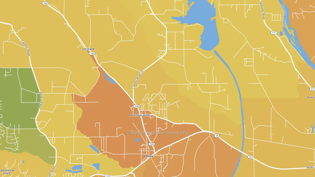 Map of the best neighborhoods in the North Elmore area, with better matches in green and worse matches in red
