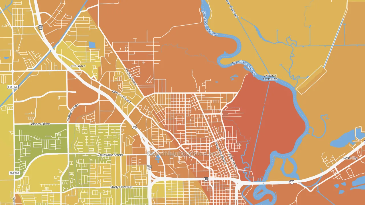 Map of the best neighborhoods in the North End, Beaumont area, with better matches in green and worse matches in red