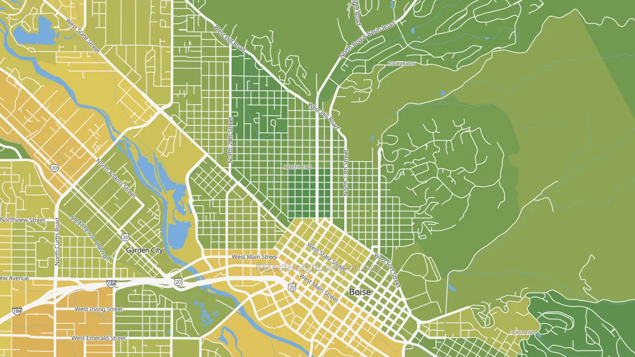 Map of the best neighborhoods in the North End, Boise area, with better matches in green and worse matches in red