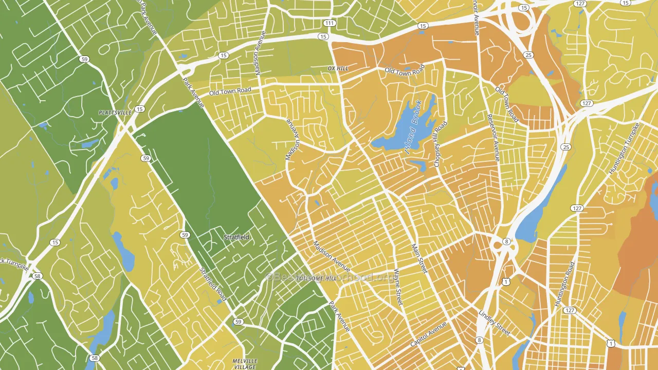 Map of the best neighborhoods in the North End, Bridgeport area, with better matches in green and worse matches in red