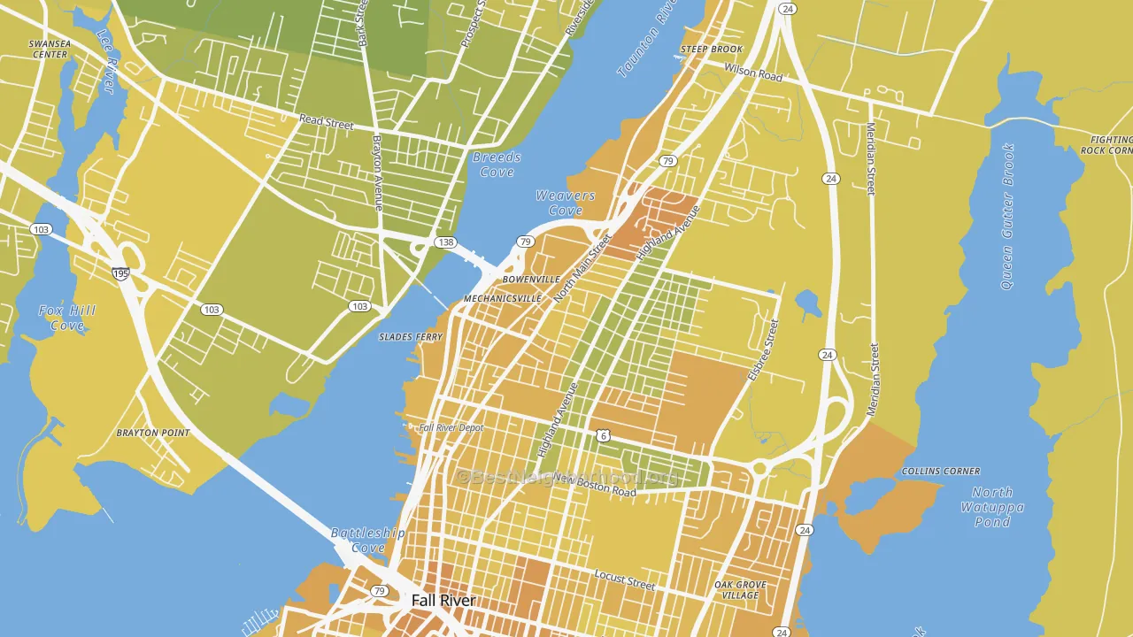 Map of the best neighborhoods in the North End, Fall River area, with better matches in green and worse matches in red