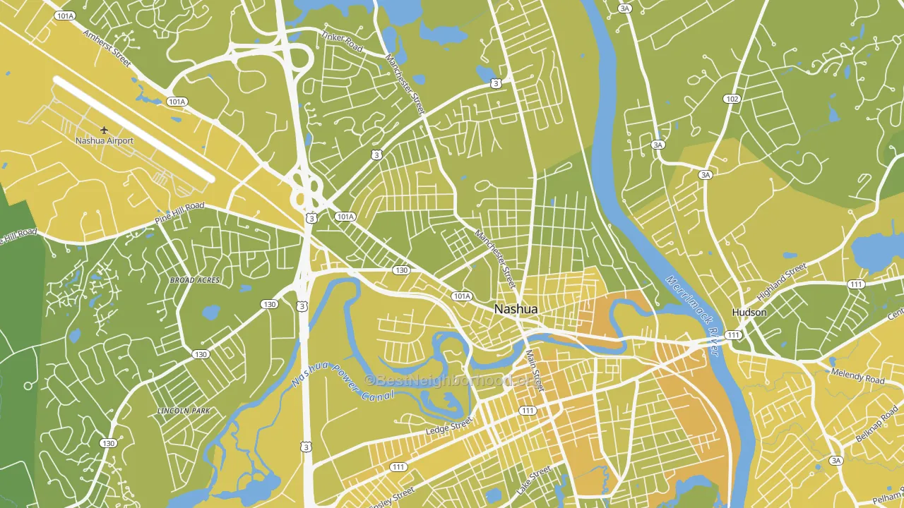 Map of the best neighborhoods in the North End, Nashua area, with better matches in green and worse matches in red