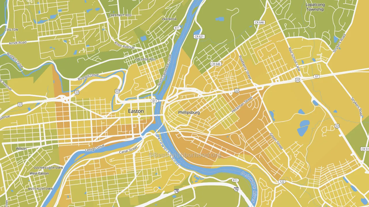 Map of the best neighborhoods in the North End, Phillipsburg area, with better matches in green and worse matches in red