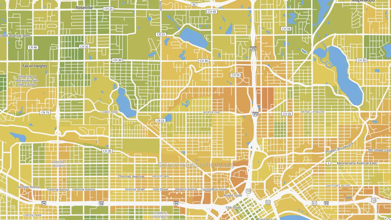 Map of the best neighborhoods in the North End, St. Paul area, with better matches in green and worse matches in red