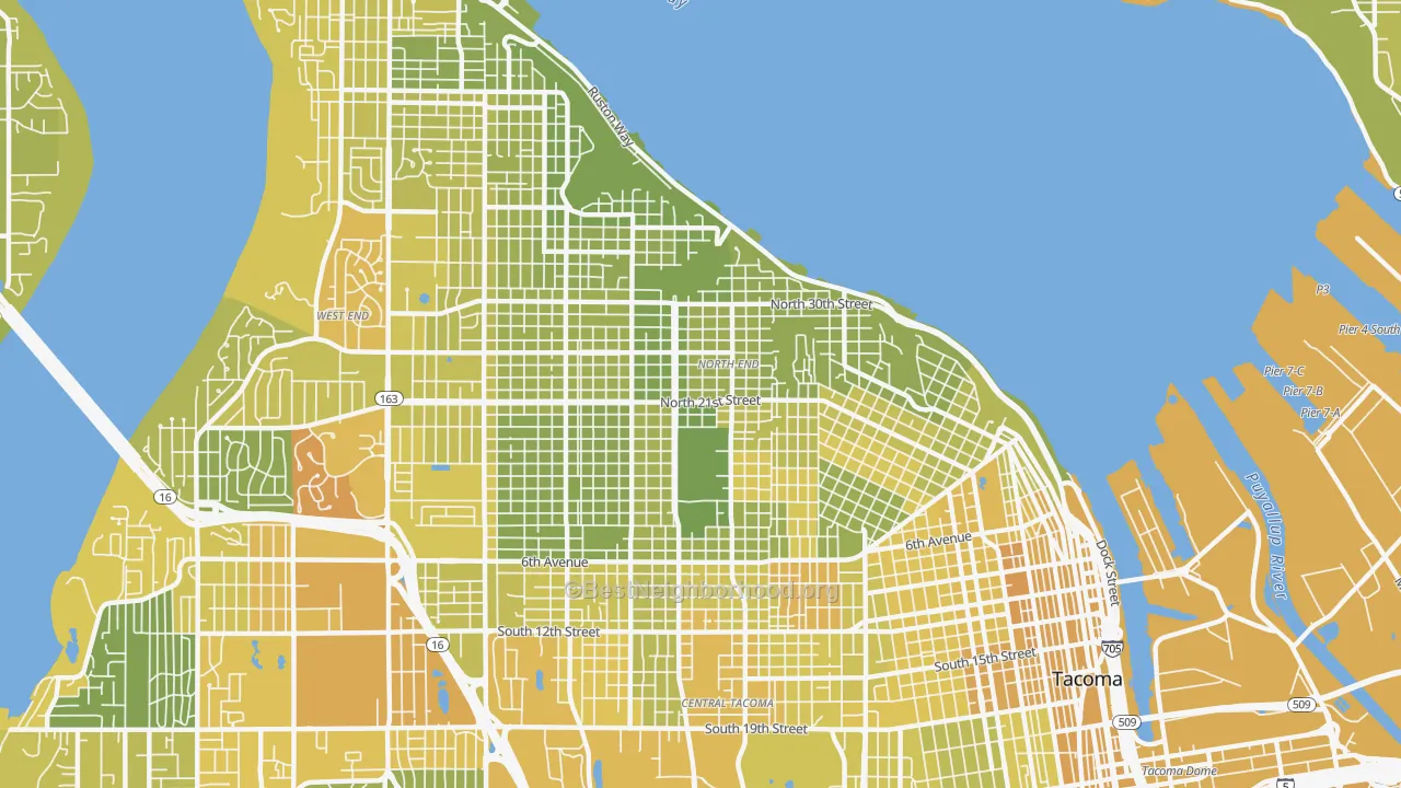 Map of the best neighborhoods in the North End, Tacoma area, with better matches in green and worse matches in red