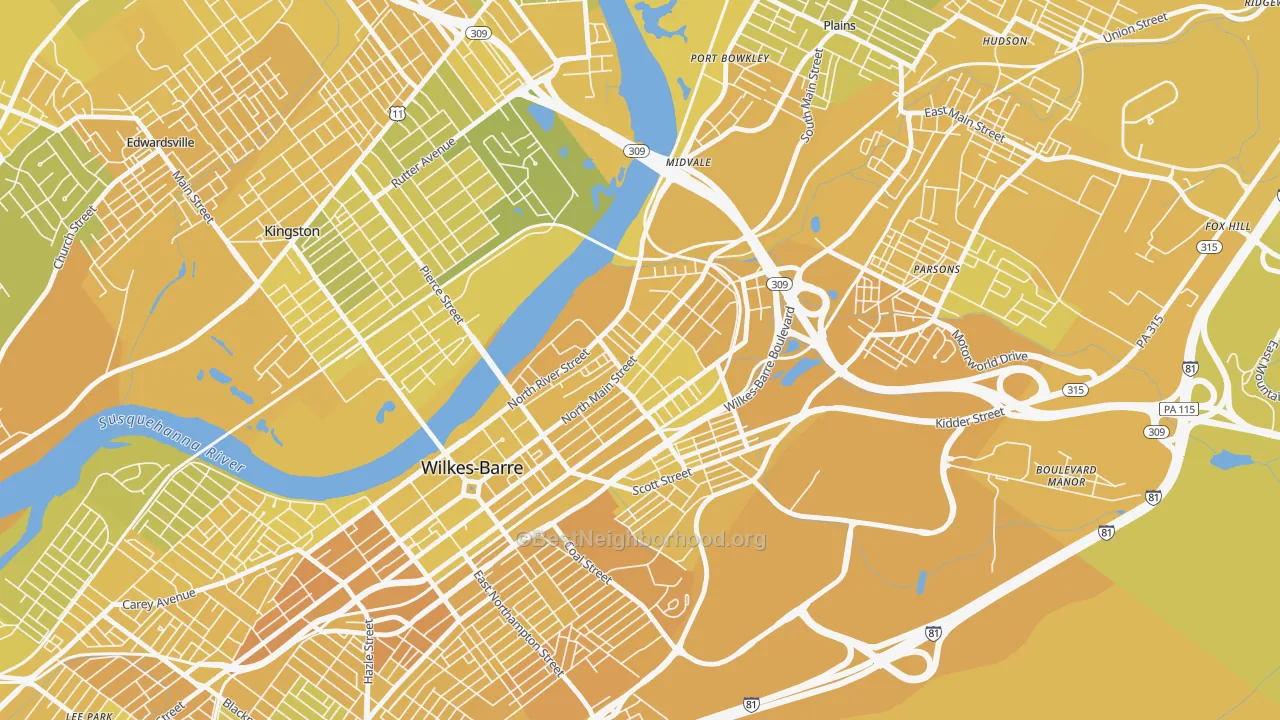 Map of the best neighborhoods in the North End, Wilkes-Barre area, with better matches in green and worse matches in red