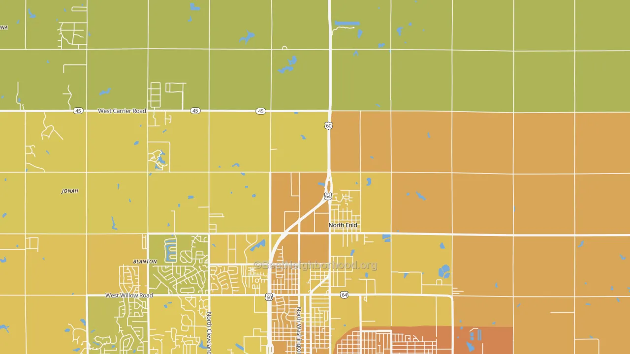 Map of the best neighborhoods in the North Enid area, with better matches in green and worse matches in red